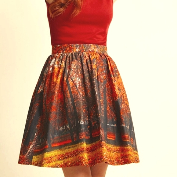 NWOT MODCLOTH fall leaves 💯 cotton fit and flare skirt - Picture 1 of 12